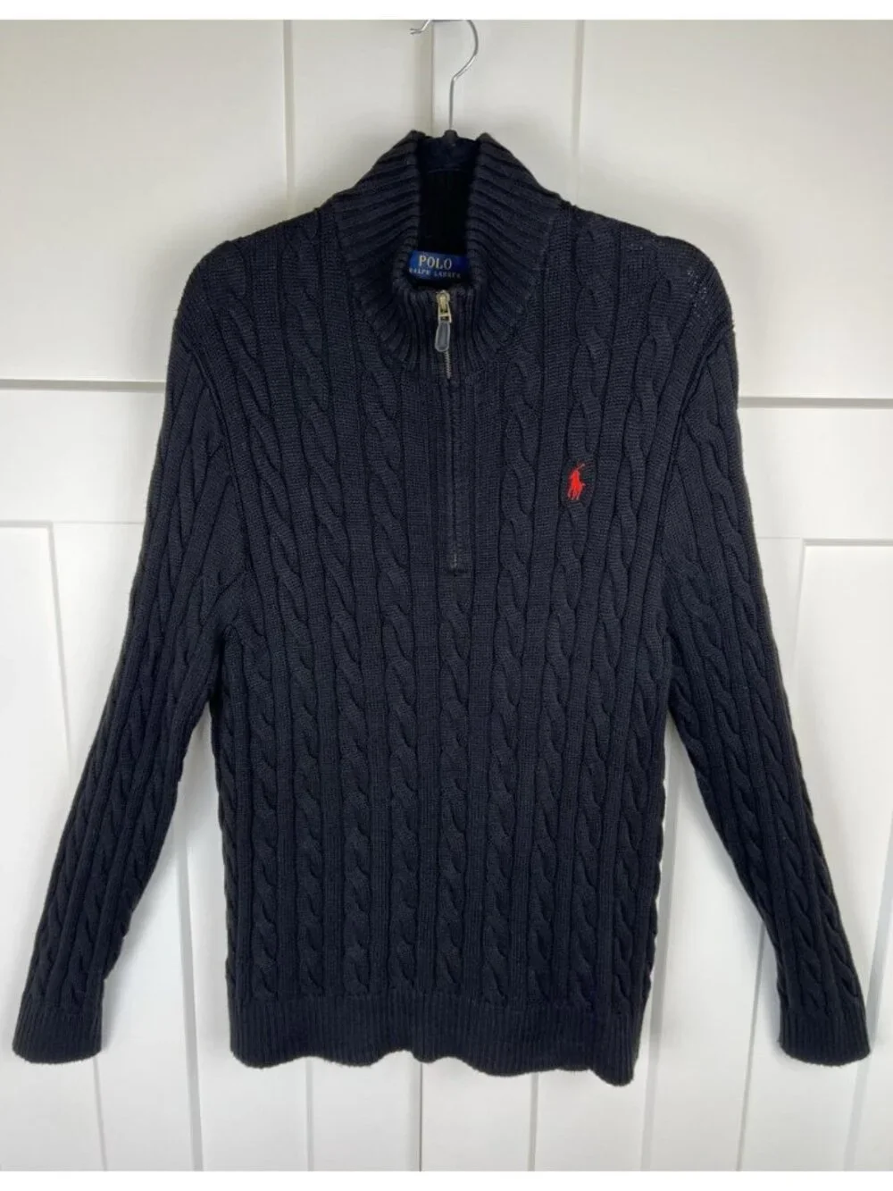 Polo Ralph Lauren Cable Knit Quarter Zip Sweater XL Black Cotton Red Pony Mock